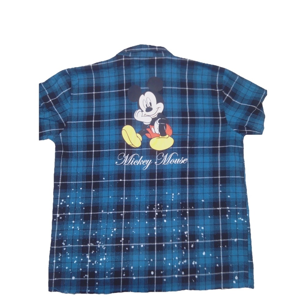 Disney x BooHooMan Mens Flannel Shirt XL Mickey Mouse Distressed Plaid Blue